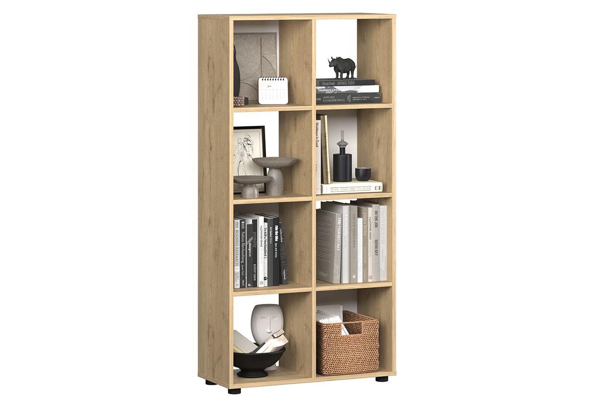 Απεικονίζεται η βιβλιοθήκη γεμάτη με κουτιά αποθήκευσης, βιβλία και διακοσμητικά.